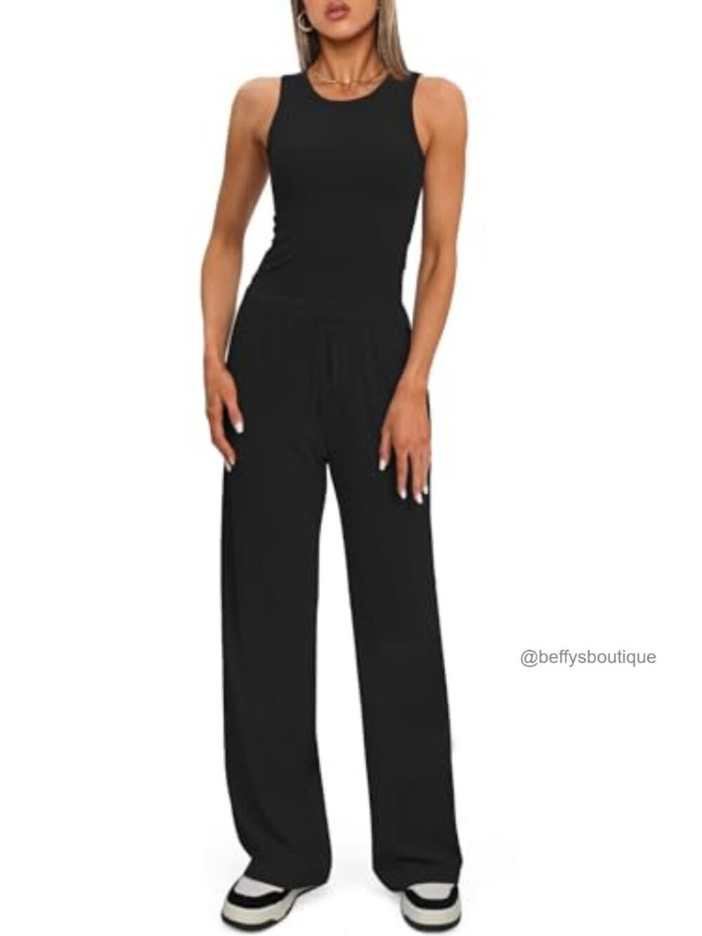 Sleeveless Racerback Tank Top & Wide Leg Pants Lounge Set - Picture 3 of 6